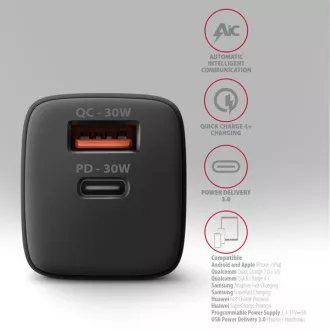 AXAGON ACU-PQ30, Ladegerät 30W, 2x Anschluss (USB-A USB-C), PD3.0/PPS/QC4 /SFC/AFC/Apple, schwarz AXAGON ACU-PQ30, Ladegerät 30W, 2x Anschluss (USB-A USB-C), PD3.0/PPS/QC4 /SFC/AFC/Apple, schwarz