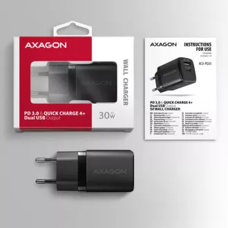 AXAGON ACU-PQ30, Ladegerät 30W, 2x Anschluss (USB-A USB-C), PD3.0/PPS/QC4 /SFC/AFC/Apple, schwarz AXAGON ACU-PQ30, Ladegerät 30W, 2x Anschluss (USB-A USB-C), PD3.0/PPS/QC4 /SFC/AFC/Apple, schwarz