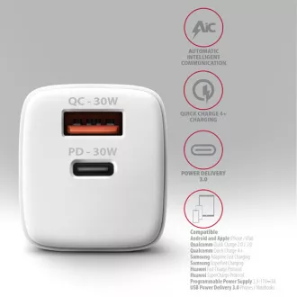 AXAGON ACU-PQ30W, Ladegerät 30W, 2x Anschluss (USB-A USB-C), PD3.0/PPS/QC4 /SFC/AFC/Apple, weiß AXAGON ACU-PQ30W, Ladegerät 30W, 2x Anschluss (USB-A USB-C), PD3.0/PPS/QC4 /SFC/AFC/Apple, weiß