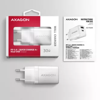 AXAGON ACU-PQ30W, Ladegerät 30W, 2x Anschluss (USB-A USB-C), PD3.0/PPS/QC4 /SFC/AFC/Apple, weiß AXAGON ACU-PQ30W, Ladegerät 30W, 2x Anschluss (USB-A USB-C), PD3.0/PPS/QC4 /SFC/AFC/Apple, weiß