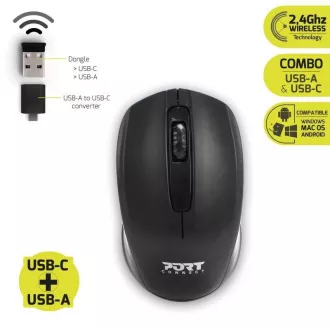 PORT Funkmaus Wireless Office, USB-A/USB-C Dongle, 2, 4Ghz, 1000DPI, schwarz