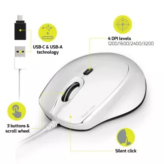 PORT optische Maus SILENT, USB-A/USB-C, 3600 DPI, weiß
