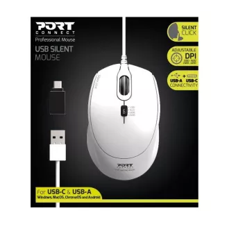 PORT optische Maus SILENT, USB-A/USB-C, 3600 DPI, weiß