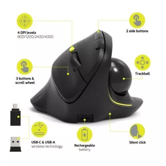 PORT kabellose ergonomische Maus ERGONOMIC TRACKBALL, 2, 4 Ghz & Bluetooth, USB-A/C, schwarz