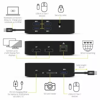 PORT Dockingstation USB-C 10v1, 2x4K Display Port, 5x USB-A, USB-C 85W PD, Ethernet, SD PORT Dockingstation USB-C 10v1, 2x4K Display Port, 5x USB-A, USB-C 85W PD, Ethernet, SD