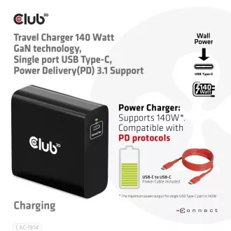 Club3D Reise-Ladegerät USB-C 140W GaN Technologie, 1xUSB-C, PD 3.1 Unterstützung Club3D Reise-Ladegerät USB-C 140W GaN Technologie, 1xUSB-C, PD 3.1 Unterstützung
