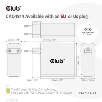 Club3D Reise-Ladegerät USB-C 140W GaN Technologie, 1xUSB-C, PD 3.1 Unterstützung Club3D Reise-Ladegerät USB-C 140W GaN Technologie, 1xUSB-C, PD 3.1 Unterstützung