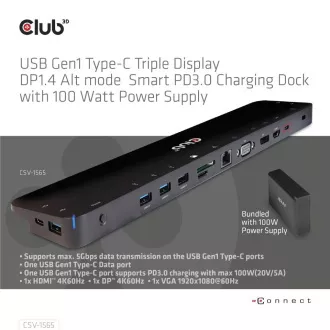 Club3D Dockingstation USB-C 14v1, 1xDP, 1xHDMI, 1xVGA, 2xUSB-C, 5xUSB, 1xRJ45, 1x3.5mm, grau Club3D Dockingstation USB-C 14v1, 1xDP, 1xHDMI, 1xVGA, 2xUSB-C, 5xUSB, 1xRJ45, 1x3.5mm, grau