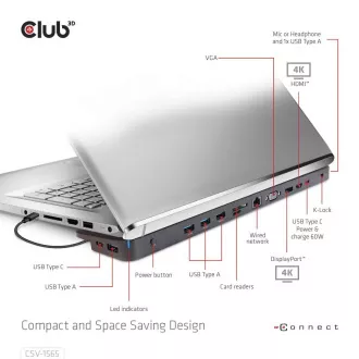 Club3D Dockingstation USB-C 14v1, 1xDP, 1xHDMI, 1xVGA, 2xUSB-C, 5xUSB, 1xRJ45, 1x3.5mm, grau Club3D Dockingstation USB-C 14v1, 1xDP, 1xHDMI, 1xVGA, 2xUSB-C, 5xUSB, 1xRJ45, 1x3.5mm, grau