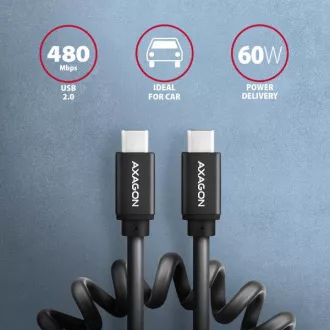 AXAGON BUCM-CM20TB, TWISTER Kabel USB-C <-> USB-C, 1.1m, USB 2.0, PD 60W 3A, ALU, tpe, schwarz