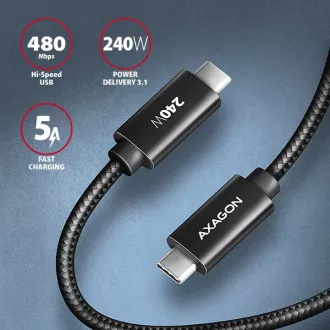 AXAGON BUCM2-CM15AB, CHARGE Kabel USB-C <-> USB-C, 1.5m, Hi-Speed USB, PD 240W 5A, ALU, Geflecht, schwarz