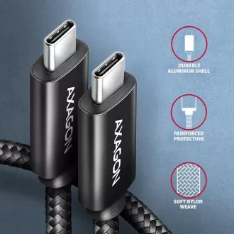 AXAGON BUCM2-CM15AB, CHARGE Kabel USB-C <-> USB-C, 1.5m, Hi-Speed USB, PD 240W 5A, ALU, Geflecht, schwarz