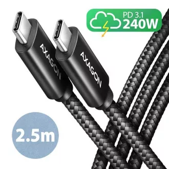 AXAGON BUCM2-CM25AB, CHARGE Kabel USB-C <-> USB-C, 2.5m, Hi-Speed USB, PD 240W 5A, ALU, Geflecht, schwarz AXAGON BUCM2-CM25AB, CHARGE Kabel USB-C <-> USB-C, 2.5m, Hi-Speed USB, PD 240W 5A, ALU, Geflecht, schwarz