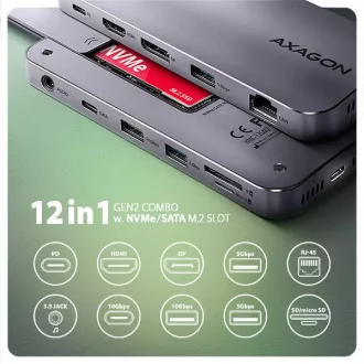 AXAGON HMC-12GM2, USB 10Gbps Hub, 3x USB-A, USB-C, HDMI, DP, RJ-45 GLAN, M.2, SD/mSD, Audio, PD 100W, USB-C Kabel 50cm AXAGON HMC-12GM2, USB 10Gbps Hub, 3x USB-A, USB-C, HDMI, DP, RJ-45 GLAN, M.2, SD/mSD, Audio, PD 100W, USB-C Kabel 50cm