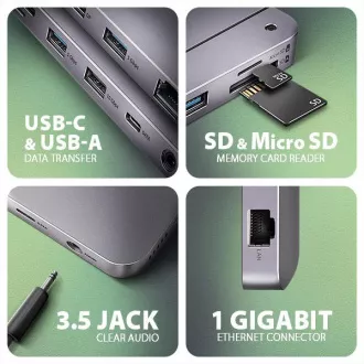 AXAGON HMC-12GM2, USB 10Gbps Hub, 3x USB-A, USB-C, HDMI, DP, RJ-45 GLAN, M.2, SD/mSD, Audio, PD 100W, USB-C Kabel 50cm AXAGON HMC-12GM2, USB 10Gbps Hub, 3x USB-A, USB-C, HDMI, DP, RJ-45 GLAN, M.2, SD/mSD, Audio, PD 100W, USB-C Kabel 50cm