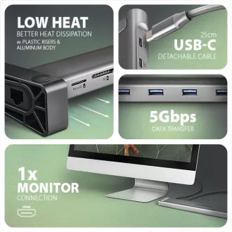 AXAGON HMC-10HLS, USB 5Gbps Hub, 4x USB-A, HDMI 4k/60Hz, RJ-45 GLAN, SD/mSD, PD 100W, USB-C Kabel 25cm AXAGON HMC-10HLS, USB 5Gbps Hub, 4x USB-A, HDMI 4k/60Hz, RJ-45 GLAN, SD/mSD, PD 100W, USB-C Kabel 25cm