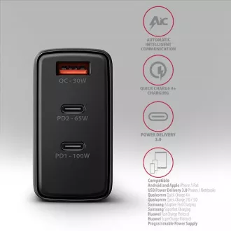 AXAGON ACU-DPQ100, GaN-Netzladegerät 100W, 3x Port (USB-A dual USB-C), PD3.0/PPS/QC4 /Apple, schwarz AXAGON ACU-DPQ100, GaN-Netzladegerät 100W, 3x Port (USB-A dual USB-C), PD3.0/PPS/QC4 /Apple, schwarz