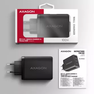 AXAGON ACU-DPQ100, GaN-Netzladegerät 100W, 3x Port (USB-A dual USB-C), PD3.0/PPS/QC4 /Apple, schwarz AXAGON ACU-DPQ100, GaN-Netzladegerät 100W, 3x Port (USB-A dual USB-C), PD3.0/PPS/QC4 /Apple, schwarz