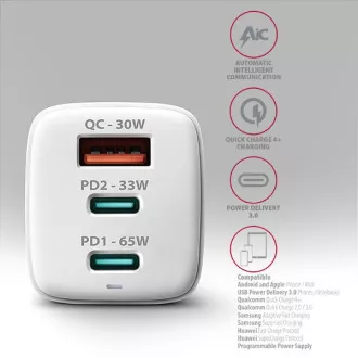 AXAGON ACU-DPQ65W, GaN-Netzladegerät 65W, 3x Port (USB-A dual USB-C), PD3.0/QC4 /PPS/Apple, weiß AXAGON ACU-DPQ65W, GaN-Netzladegerät 65W, 3x Port (USB-A dual USB-C), PD3.0/QC4 /PPS/Apple, weiß