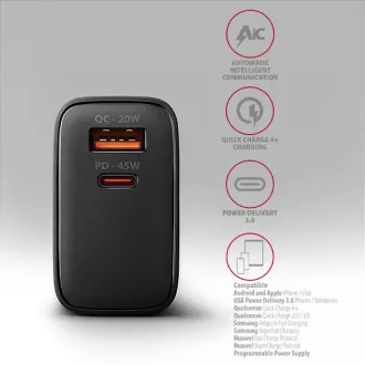 AXAGON ACU-PQ45 GaN Netzladegerät 45W, 2x Anschluss (USB-A USB-C), PD3.0/PPS/QC4 /SFC 2.0/AFC/Apple AXAGON ACU-PQ45 GaN Netzladegerät 45W, 2x Anschluss (USB-A USB-C), PD3.0/PPS/QC4 /SFC 2.0/AFC/Apple