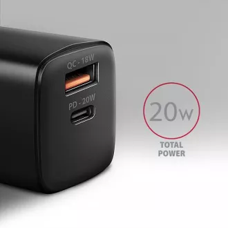 AXAGON ACU-PQ20, 20W Netzladegerät, 2x Port (USB-A USB-C), PD3.0/PPS/QC4 /AFC/Apple, schwarz AXAGON ACU-PQ20, 20W Netzladegerät, 2x Port (USB-A USB-C), PD3.0/PPS/QC4 /AFC/Apple, schwarz