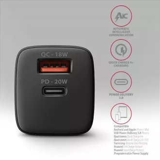 AXAGON ACU-PQ20, 20W Netzladegerät, 2x Port (USB-A USB-C), PD3.0/PPS/QC4 /AFC/Apple, schwarz AXAGON ACU-PQ20, 20W Netzladegerät, 2x Port (USB-A USB-C), PD3.0/PPS/QC4 /AFC/Apple, schwarz