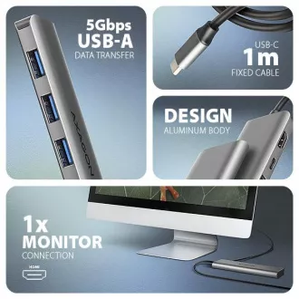 AXAGON HMC-5H, USB 5Gbps Hub, 3x USB-A, HDMI 4k/30Hz, PD 100W, USB-C Kabel 100cm AXAGON HMC-5H, USB 5Gbps Hub, 3x USB-A, HDMI 4k/30Hz, PD 100W, USB-C Kabel 100cm