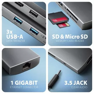 AXAGON HMC-8HLSA, USB 5Gbps Hub, 3x USB-A, HDMI 4k/60Hz, RJ-45 GLAN, SD/microSD, Audio, PD 100W, USB-C Kabel 20cm AXAGON HMC-8HLSA, USB 5Gbps Hub, 3x USB-A, HDMI 4k/60Hz, RJ-45 GLAN, SD/microSD, Audio, PD 100W, USB-C Kabel 20cm