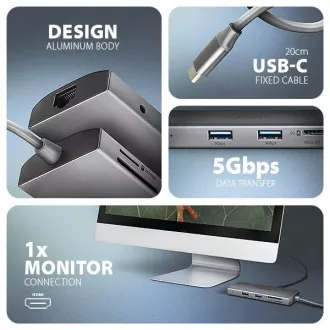 AXAGON HMC-8HLSA, USB 5Gbps Hub, 3x USB-A, HDMI 4k/60Hz, RJ-45 GLAN, SD/microSD, Audio, PD 100W, USB-C Kabel 20cm AXAGON HMC-8HLSA, USB 5Gbps Hub, 3x USB-A, HDMI 4k/60Hz, RJ-45 GLAN, SD/microSD, Audio, PD 100W, USB-C Kabel 20cm