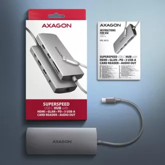 AXAGON HMC-8HLSA, USB 5Gbps Hub, 3x USB-A, HDMI 4k/60Hz, RJ-45 GLAN, SD/microSD, Audio, PD 100W, USB-C Kabel 20cm AXAGON HMC-8HLSA, USB 5Gbps Hub, 3x USB-A, HDMI 4k/60Hz, RJ-45 GLAN, SD/microSD, Audio, PD 100W, USB-C Kabel 20cm