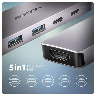 AXAGON HMC-5H60, USB 5Gbps Hub, Anschlüsse 2x USB-A, 1x USB-C, HDMI 4k/60, PD 100W, USB-C Kabel 15cm