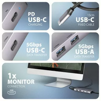 AXAGON HMC-5H60, USB 5Gbps Hub, Anschlüsse 2x USB-A, 1x USB-C, HDMI 4k/60, PD 100W, USB-C Kabel 15cm