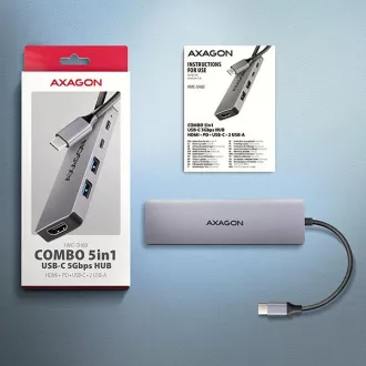 AXAGON HMC-5H60, USB 5Gbps Hub, Anschlüsse 2x USB-A, 1x USB-C, HDMI 4k/60, PD 100W, USB-C Kabel 15cm