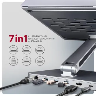 AXAGON HMC-STND, Ständer für 10"-17" Laptops, USB 5Gbps Hub, 3x USB-A, HDMI 4k/60Hz, RJ-45, PD 100W, USB-C Kabel 60cm - Gebraucht