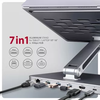 AXAGON HMC-STND, Ständer für 10"-17" Laptops, USB 5Gbps Hub, 3x USB-A, HDMI 4k/60Hz, RJ-45, PD 100W, USB-C Kabel 60cm
