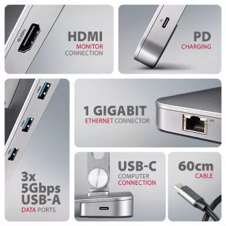 AXAGON HMC-STND, Ständer für 10"-17" Laptops, USB 5Gbps Hub, 3x USB-A, HDMI 4k/60Hz, RJ-45, PD 100W, USB-C Kabel 60cm