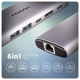 AXAGON HMC-6G2L, USB 10Gb/s Hub, 2x USB-A, 1x USB-C, HDMI 4k/60, RJ-45, PD 100W, USB-C Kabel 15cm