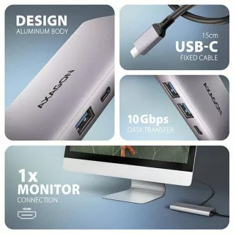 AXAGON HMC-6G2L, USB 10Gb/s Hub, 2x USB-A, 1x USB-C, HDMI 4k/60, RJ-45, PD 100W, USB-C Kabel 15cm