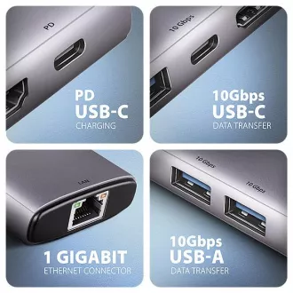 AXAGON HMC-6G2L, USB 10Gb/s Hub, 2x USB-A, 1x USB-C, HDMI 4k/60, RJ-45, PD 100W, USB-C Kabel 15cm
