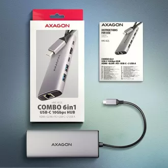 AXAGON HMC-6G2L, USB 10Gb/s Hub, 2x USB-A, 1x USB-C, HDMI 4k/60, RJ-45, PD 100W, USB-C Kabel 15cm