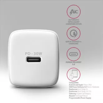 AXAGON ACU-PD30W, Ladegerät 30W, 1x USB-C Anschluss, PD3.0/PPS/QC4 /SFC/AFC/Apple, weiß AXAGON ACU-PD30W, Ladegerät 30W, 1x USB-C Anschluss, PD3.0/PPS/QC4 /SFC/AFC/Apple, weiß