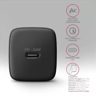 AXAGON ACU-PD20, 20W Netzladegerät, 1x USB-C Anschluss, PD3.0/PPS/QC4 /AFC/Apple, schwarz