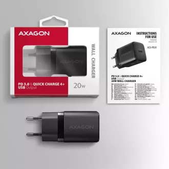 AXAGON ACU-PD20, 20W Netzladegerät, 1x USB-C Anschluss, PD3.0/PPS/QC4 /AFC/Apple, schwarz