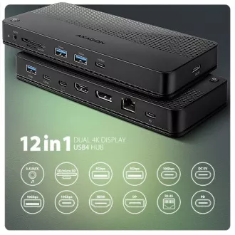 AXAGON HMC-U4, USB4 40Gbps-Dock, 3x USB-A, 2x USB-C, HDMI & DP 8K/30Hz, RJ-45, SD/mSD, Audio, PD 100W, USB-C-Kabel 80cm