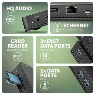 AXAGON HMC-U4, USB4 40Gbps-Dock, 3x USB-A, 2x USB-C, HDMI & DP 8K/30Hz, RJ-45, SD/mSD, Audio, PD 100W, USB-C-Kabel 80cm