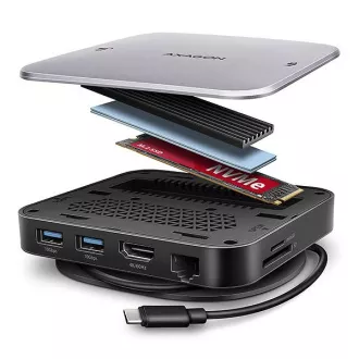 AXAGON HMC-UFO, USB 10Gbps Hub, 2x USB-A, USB-C, HDMI 4k/60, RJ-45, M.2 Slot, SD/mSD, Audio, PD 100W, USB-C Kabel 65cm AXAGON HMC-UFO, USB 10Gbps Hub, 2x USB-A, USB-C, HDMI 4k/60, RJ-45, M.2 Slot, SD/mSD, Audio, PD 100W, USB-C Kabel 65cm