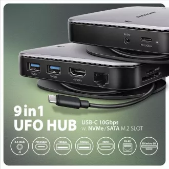 AXAGON HMC-UFO, USB 10Gbps Hub, 2x USB-A, USB-C, HDMI 4k/60, RJ-45, M.2 Slot, SD/mSD, Audio, PD 100W, USB-C Kabel 65cm AXAGON HMC-UFO, USB 10Gbps Hub, 2x USB-A, USB-C, HDMI 4k/60, RJ-45, M.2 Slot, SD/mSD, Audio, PD 100W, USB-C Kabel 65cm