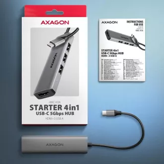 AXAGON HMC-H3A, USB 5Gbps Hub, 3x USB-A, HDMI 4k/30Hz, USB-C Kabel 15cm