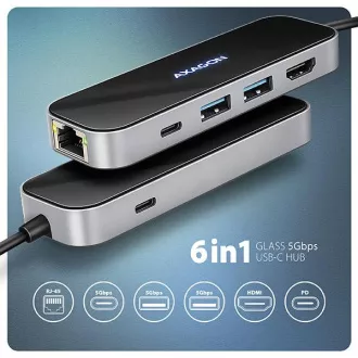 AXAGON HMC-6GLN, USB 5Gbps Hub, 2x USB-A, USB-C, HDMI 4k/60Hz, RJ-45 GLAN, PD 100W, USB-C Kabel 20cm AXAGON HMC-6GLN, USB 5Gbps Hub, 2x USB-A, USB-C, HDMI 4k/60Hz, RJ-45 GLAN, PD 100W, USB-C Kabel 20cm