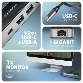 AXAGON HMC-6GLN, USB 5Gbps Hub, 2x USB-A, USB-C, HDMI 4k/60Hz, RJ-45 GLAN, PD 100W, USB-C Kabel 20cm AXAGON HMC-6GLN, USB 5Gbps Hub, 2x USB-A, USB-C, HDMI 4k/60Hz, RJ-45 GLAN, PD 100W, USB-C Kabel 20cm